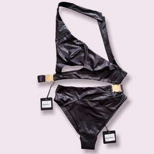 Honey Birdette Black Satin High-Cut Bikini Brief with Gold Accents